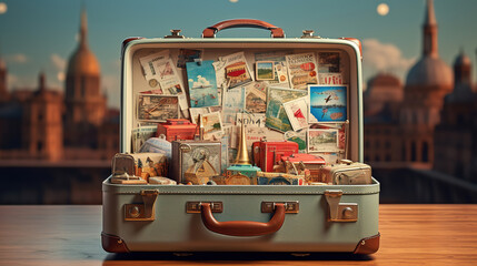 Retro suitcase of a traveler with travel stickers - obrazy, fototapety, plakaty