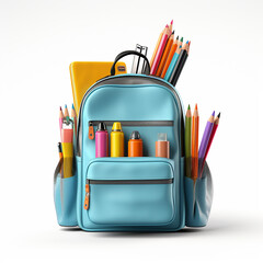 Bright backpack with school stationery isolated on white. Made with generative ai