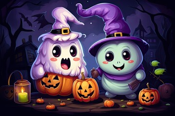 cute halloween scene with ghost, witch, candy, beautiful, cartoon style 8
