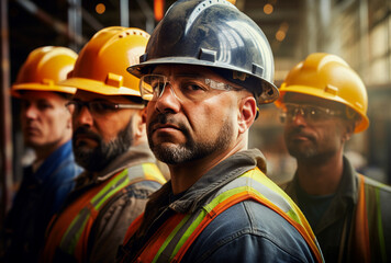 A group of construction team, Construction workers in vests and in hard hats for safety. USA Labor Day celebration. Generative AI.