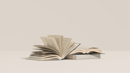 Vintage books stack and headphones, podium. Bookcase with old books in the interior. Bookstore, decoration, bookshelves in a beige and white color background. 3D render	