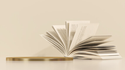 Vintage books stack and headphones, podium. Bookcase with old books in the interior. Bookstore, decoration, bookshelves in a beige and white color background. 3D render	