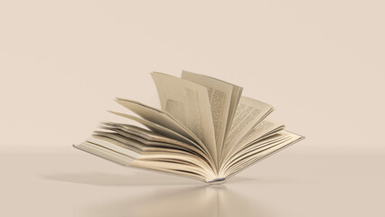 Vintage books stack and headphones, podium. Bookcase with old books in the interior. Bookstore, decoration, bookshelves in a beige and white color background. 3D render	