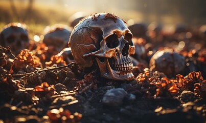 Capturing the raw beauty in the decay, the skull of the long dead lies on the ground, creating a striking contrast against the surrounding environment.