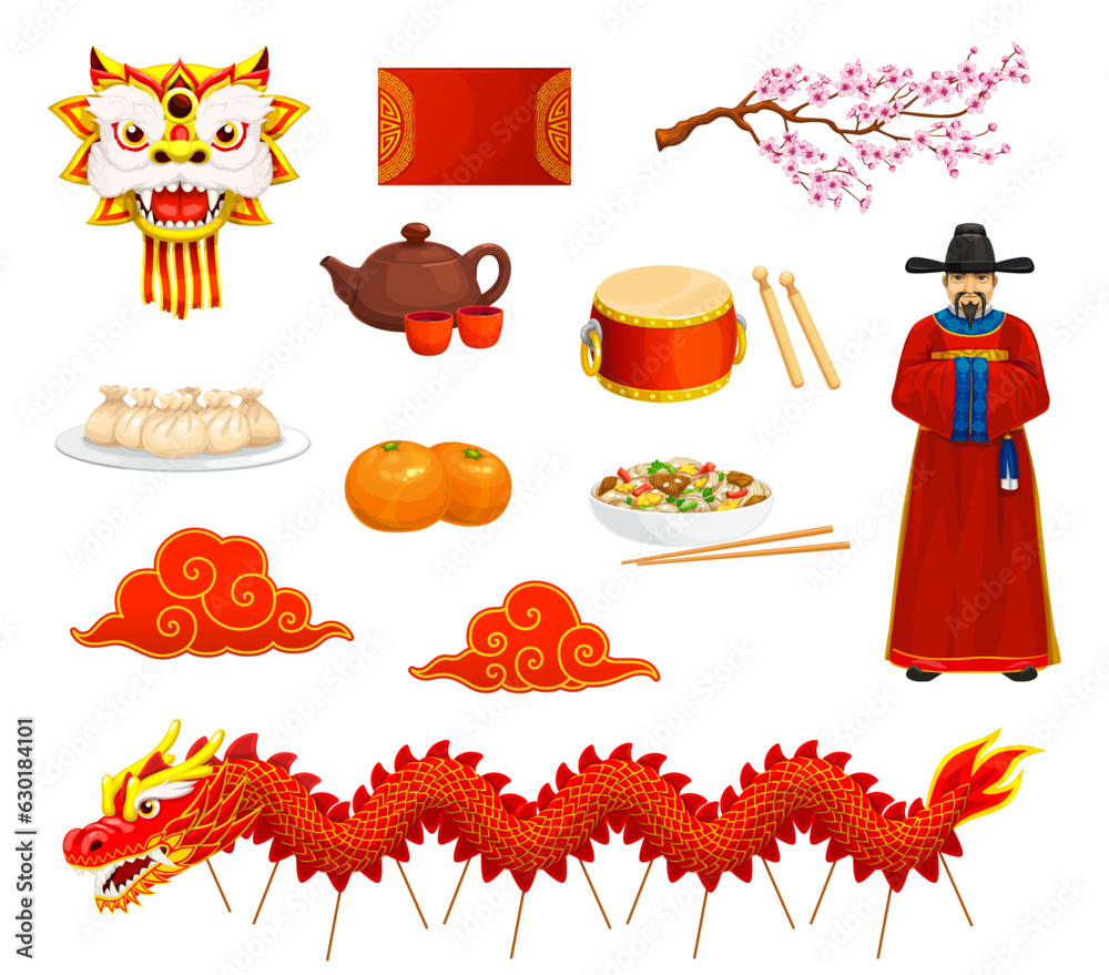 Canvas Prints Cartoon Chinese new lunar year characters and items, China holiday vector symbols. Chinese lunar new year decorations and celebration items of dragon mask, mandarine, dumplings food, drum and clouds