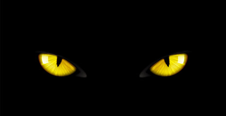 Black panther eyes background, wild cat animal face in night, vector yellow eyeballs in dark. Black panther eyes glow look in macro closeup, wildlife cheetah, puma or cheetah yellow evil eyes on black © Vector Tradition
