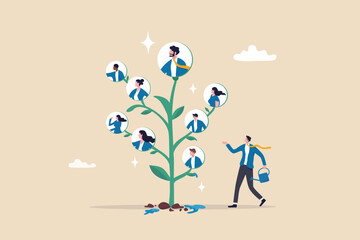 Career growth, HR human resources or organization, people management, career development strategy, employee skill or hiring, recruitment concept, businessman HR watering growing tree with employees. © Nuthawut