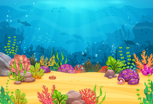 Game level. Cartoon underwater landscape with seaweed, corals and reefs, sea animals and fish. Vector ocean under water background with dolphins, shark, crab, sea turtle and algae in blue water waves