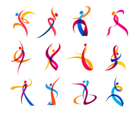 Dance movement, sport and yoga people icons, vector body silhouettes in fitness exercise. Gym, wellness studio and athletic training symbols of people body in color curve ribbon lines in sport dance