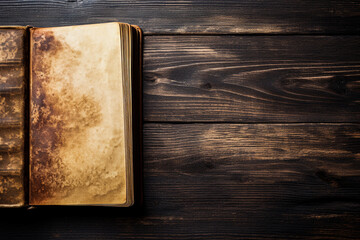 Old vintage book open on dark wood background with space for text. vintage style. Generative AI.