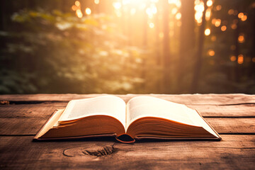 Photo old book open on dark wood background, In the background with the sunrise in the forest. Generative AI.