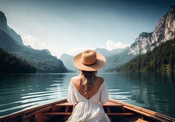 Foto op Canvas Picturesque river and mountain views, and woman wearing a hat sitting on a boat on the river. Generative AI. © toodlingstudio