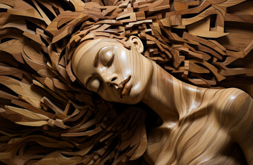 The art of woodcarving, carved image of a woman's face. picture of art design. Generative AI.