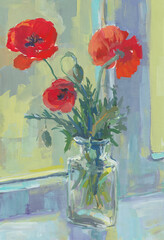 Poppies vase painting gouache. Beautiful scarlet flowers stand on the window. Vertical composition. Beautiful art layout for design. Flowers as a gift. The concept of a holiday, Mother's Day, summer