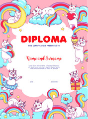 Kids diploma with cute cartoon caticorn cats and kitten characters. School education certificate, kindergarten award or diploma in vector background frame of funny caticorn animals on cloud, rainbow
