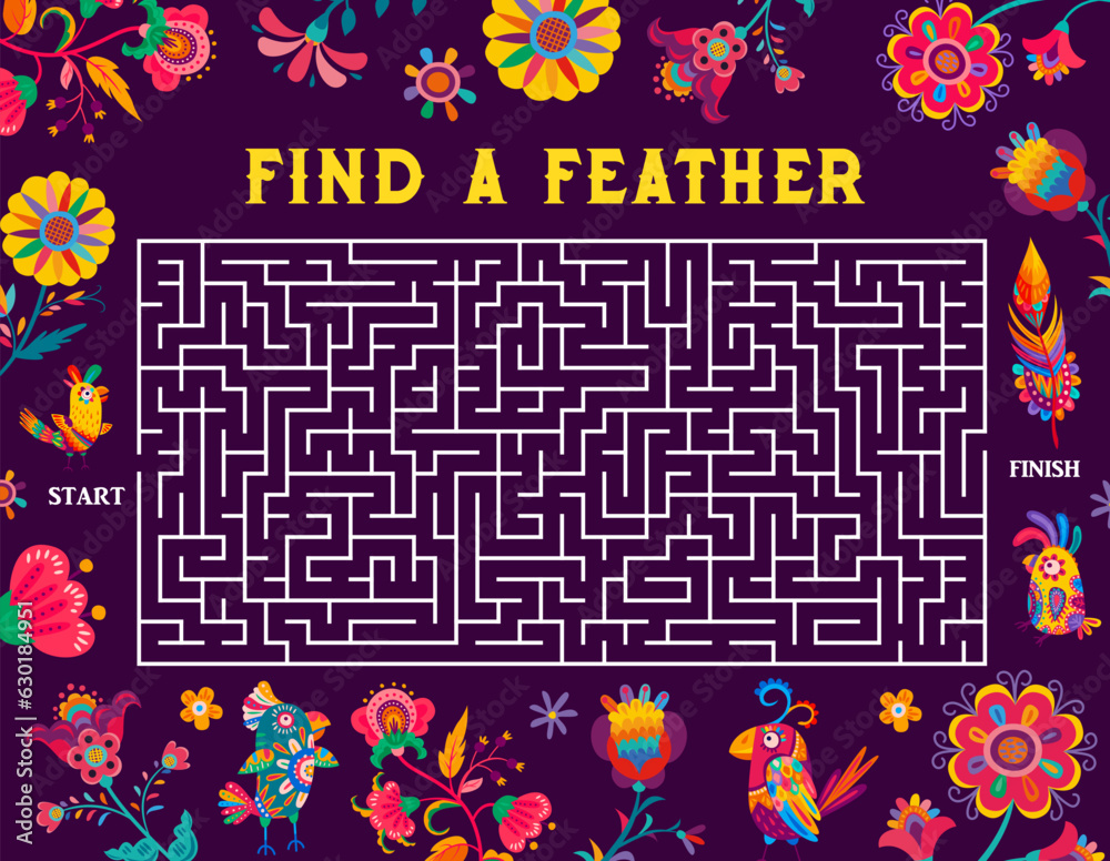 Poster labyrinth maze, help to parrot find feather, vector game worksheet puzzle. tropical parrot birds and