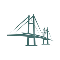 Road bridge icon, vector building or construction symbol. Suspension bridge across the river isolated silhouette with steel towers, wires, modern road or highway, urban architecture isolated sign