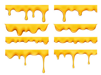 Sweet honey drip and melt flow, liquid syrup drops of gold yellow oil leak, realistic vector. Honey or caramel syrup or golden sauce drips and melt flow with golden drops of honey candy or sweet jelly