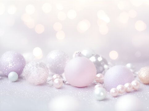 Beautiful festive background image with sparkles and bokeh in pastel pearl and silver colors. Selective focus, shallow depth of field.