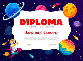 Kids diploma. Cartoon kid astronaut on rocket and space planets in galaxy vector background frame, child education certificate. School graduation diploma with cute spaceman, spaceship, stars, comets © Vector Tradition