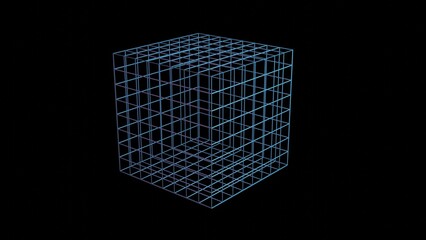 Compactification of extra dimensions. Wireframe cube imploding into a singularity. Space-time shrinking into single point. Gravity causing implosion of space, time, universe. 3d render illustration