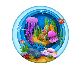 Cartoon corals, seaweeds and jellyfish on sea paper cut underwater landscape. Ocean blue water vector background in 3d round papercut frame with tropical fish shoal, starfish, algae and bubbles