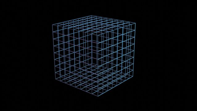 Compactification of extra dimensions. Wireframe cube imploding into a singularity. Space-time shrinking into single point. Gravity causing implosion of space, time, universe. 3d render illustration