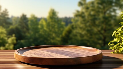 Empty wooden table over blurred green nature park background, product display, Empty wood table and defocused bokeh and blur background of garden trees with sunlight. product display template.