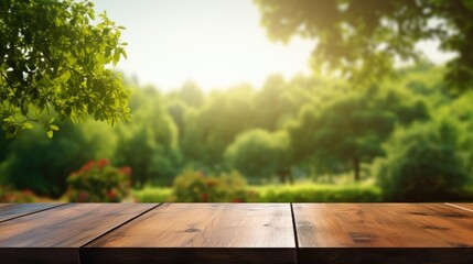 Naklejka premium Empty wooden table over blurred green nature park background, product display, Empty wood table and defocused bokeh and blur background of garden trees with sunlight. product display template.