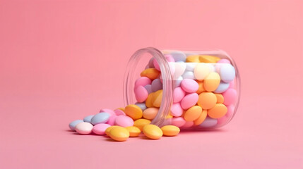 Colorful medicine tablets on the table and in medicine jar isolated on pink background, healthcare concept close up shot.