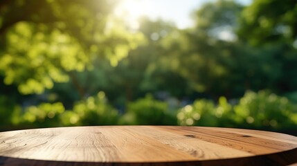 Fototapeta premium Empty wooden table over blurred green nature park background, product display, Empty wood table and defocused bokeh and blur background of garden trees with sunlight. product display template.