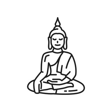 Buddha icon, Buddhism religious symbol of meditation and dharma, outline vector. Tibetan Buddhism and Hinduism sacred symbol of Buddha with mudra gesture, Buddhism religion icon