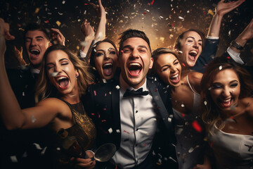 Happy smiling people have fun at a New Year's Eve party. 