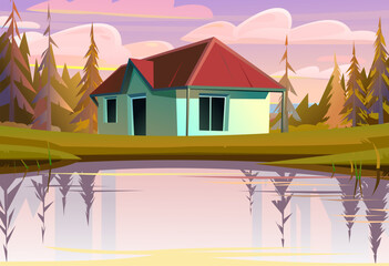 house is beautiful on shore of pond. Evening summer landscape with river, pine trees and water. Fun cartoon style. Vector