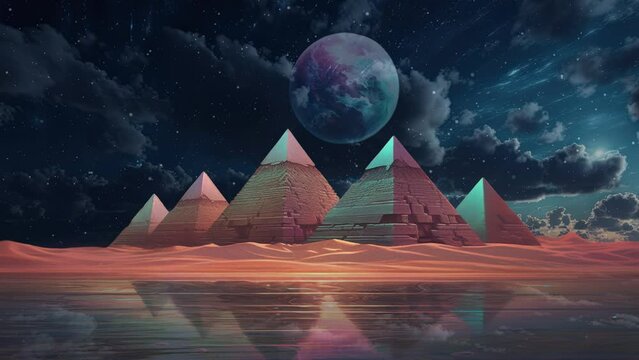 An animated pyramid landscape with a cosmic background. Created with some elements made with generative AI.