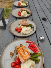 Salmon steak dish is being prepared as a family dinner dish.