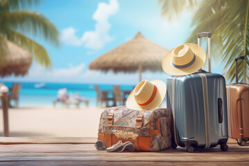 Fototapeta na wymiar Blue sky with holiday with suitcase and sun hat, world tourism day, Generative AI