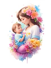 Obraz na płótnie Canvas Watercolor of Mother Holding a Baby in Hand. Happy Mother's Day concept. Generative Ai