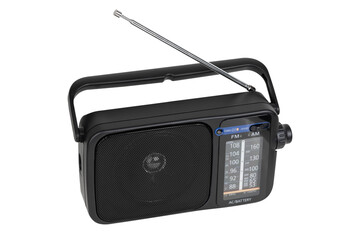 Radio receiver on a white background. Black portable wireless radio close-up isolated on a white background.