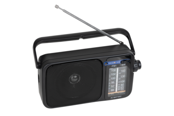 Radio receiver on a white background. Black portable wireless radio close-up isolated on a white background.