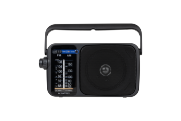 Radio receiver on a white background. Black portable wireless radio close-up isolated on a white background.