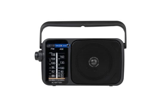 Radio receiver on a white background. Black portable wireless radio close-up isolated on a white background. - Powered by Adobe