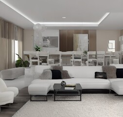 living room with a couch, a television and wall and lamp and table and charis and plant