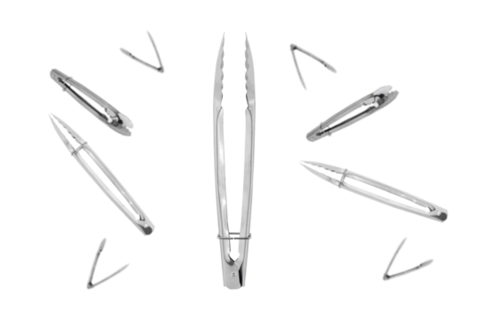 Kitchen tongs on a white background. Close-up metal kitchen tongs isolated on white background.