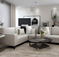 living room with a couch, a television and wall and lamp and table and charis and plant