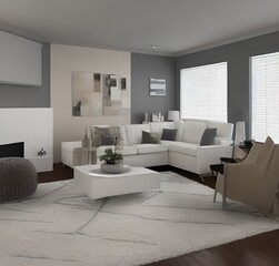 Fototapeta premium living room with a couch, a television and wall and lamp and table and charis and plant