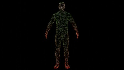 Human body made of glowing yellow points, dots.  Microbiome bacteria, viruses, microbes on body. 3d render illustration.