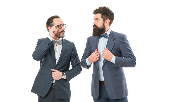 Work Hard Play Hard. Mature Men Have Own Business. Partnership Of Boss Men Isolated On White. Bearded Businessmen In Formal Suit. Business Meeting. Team Success. Collaboration And Teamwork