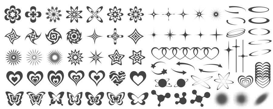 Y2k icons. Retro graphic elements for design. Modern rave symbols. Abstract geometric stars sparkles and futuristic shapes. Vector set of hearts, butterflies and planets stickers.