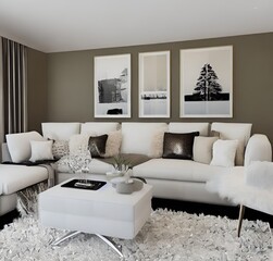 living room with a couch, a television and wall and lamp and table and charis and plant